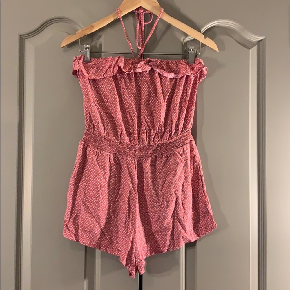 Aerie red strapless/halter ruffle romper size XS